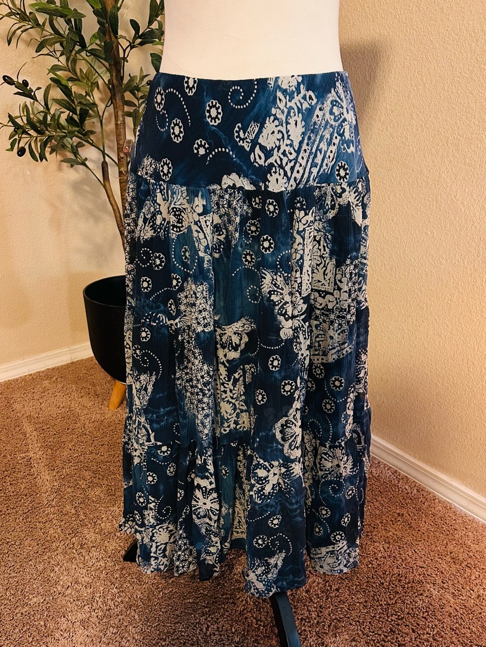 Ralph Lauren Navy Blue/White Paisley Silk Maxi Skirt Layered